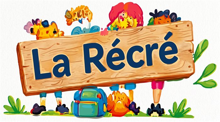 Logo La Récré : des enfants et des peluches derrière un panneau en bois